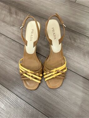 PRADA Tan and Yellow Braided Leather Slingback Heels